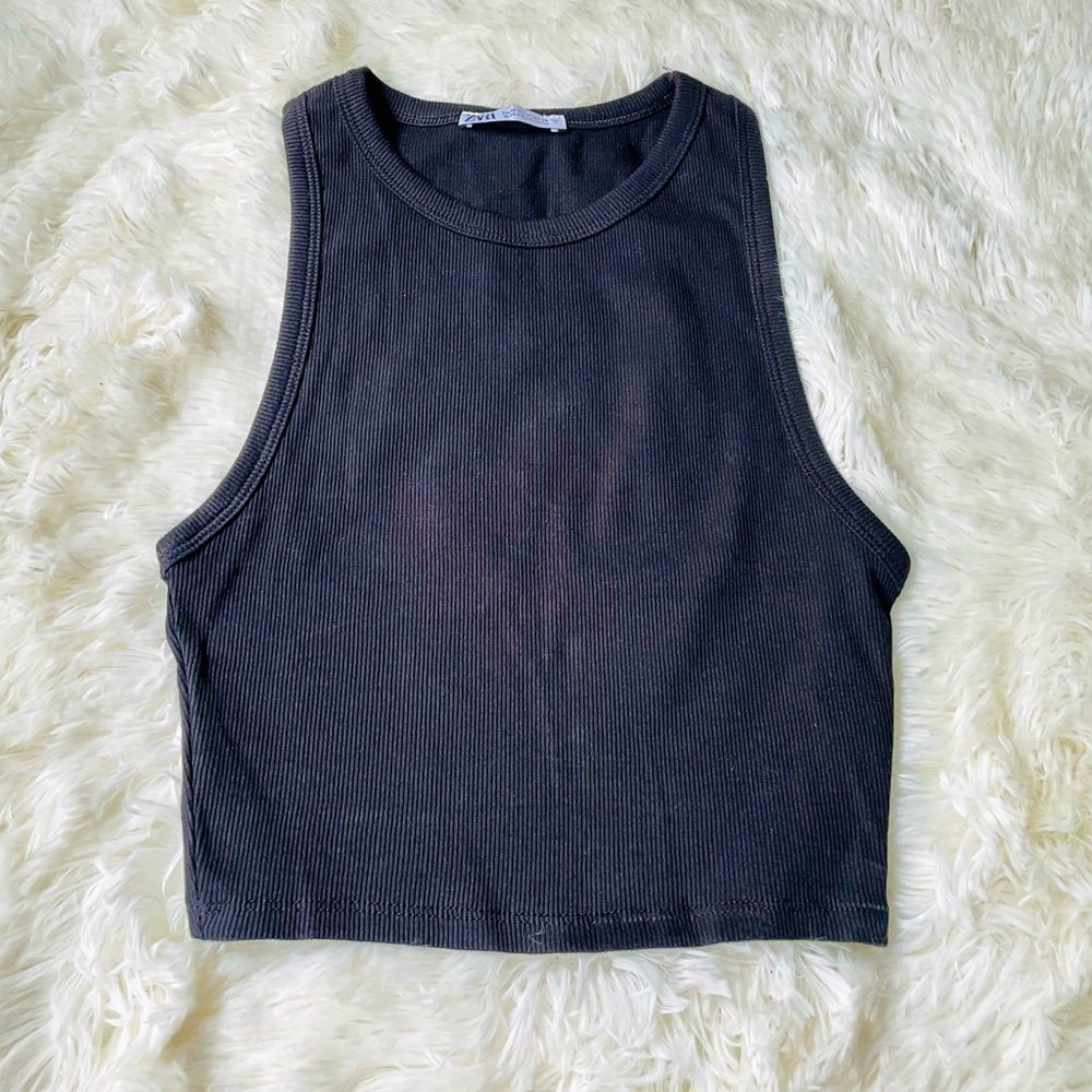 Zara Black Ribbed Cropped Tank Top, M - Picture 2 of 3